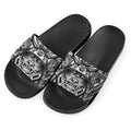 Silver Samurai Mask Print Black Slide Sandals
