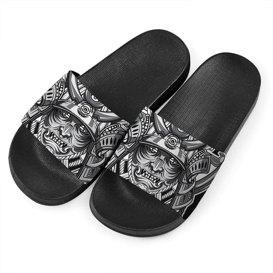 Silver Samurai Mask Print Black Slide Sandals