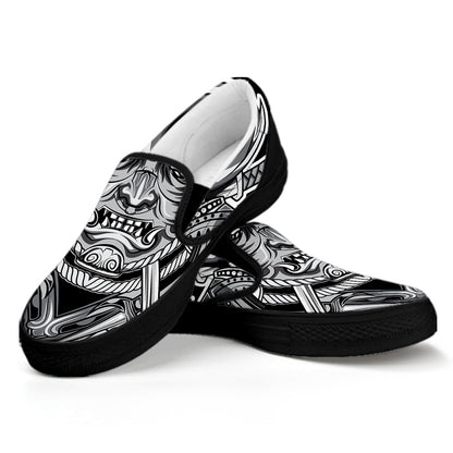 Silver Samurai Mask Print Black Slip On Shoes