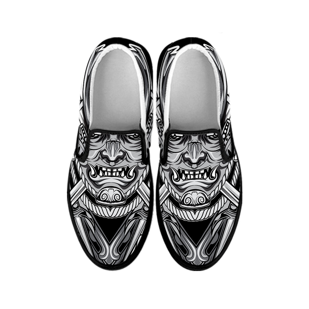 Silver Samurai Mask Print Black Slip On Shoes