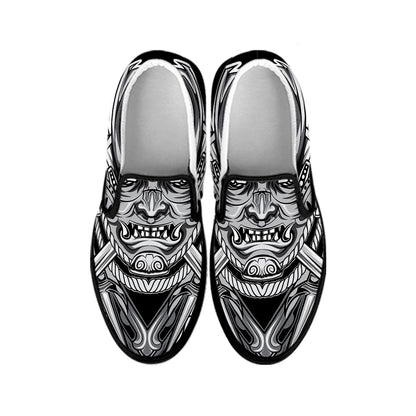 Silver Samurai Mask Print Black Slip On Shoes