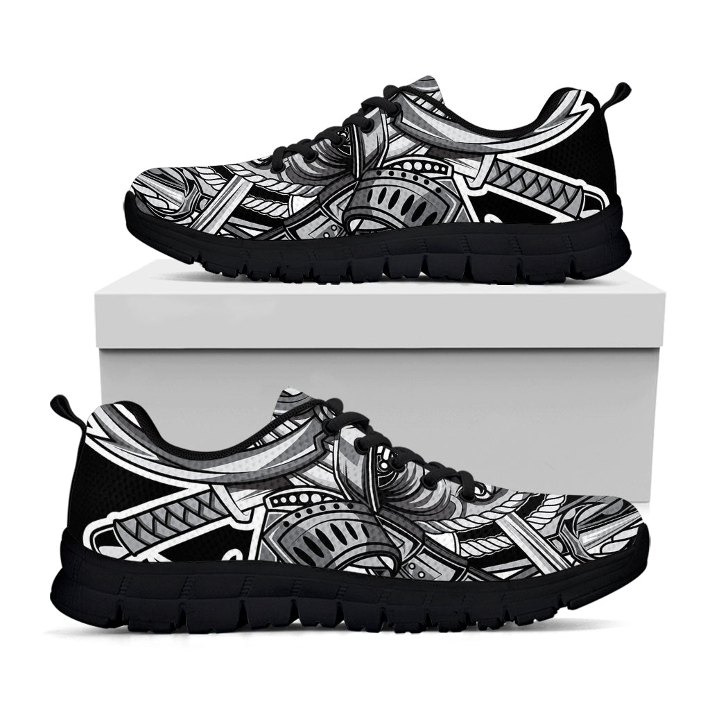 Silver Samurai Mask Print Black Sneakers