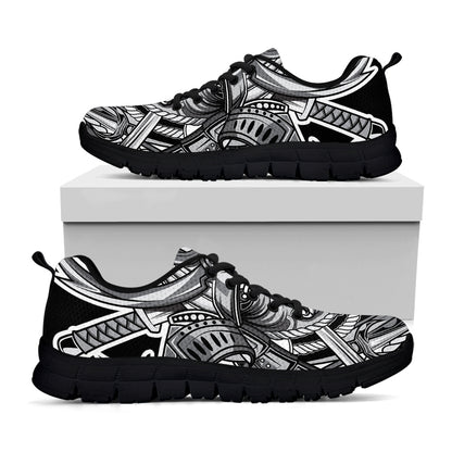 Silver Samurai Mask Print Black Sneakers