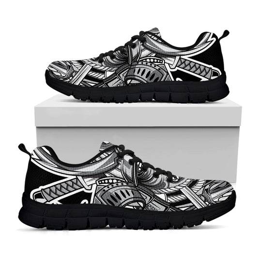 Silver Samurai Mask Print Black Sneakers