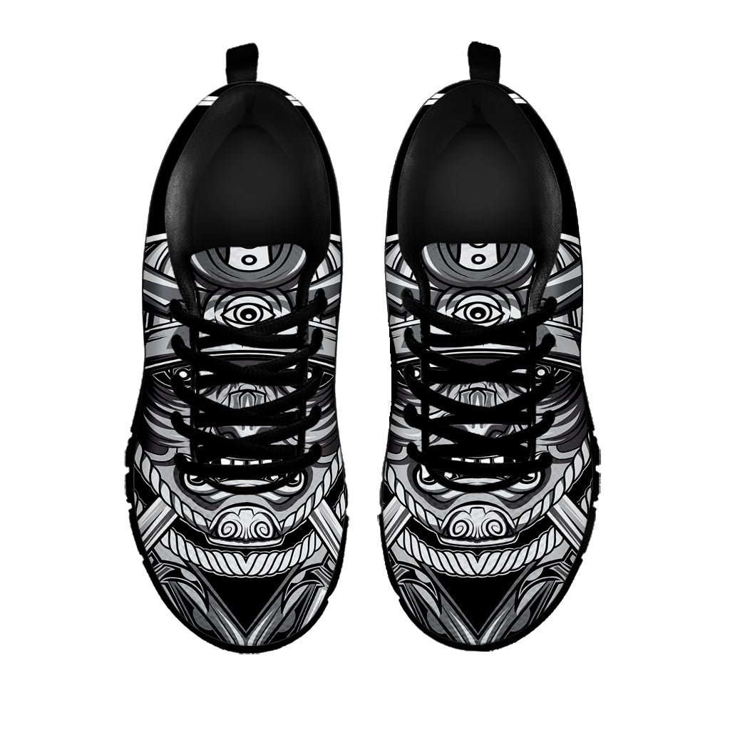 Silver Samurai Mask Print Black Sneakers