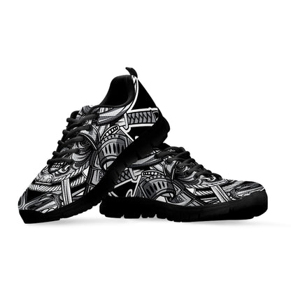 Silver Samurai Mask Print Black Sneakers