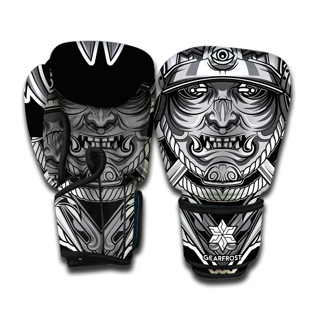 Silver Samurai Mask Print Boxing Gloves
