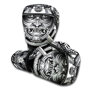 Silver Samurai Mask Print Boxing Gloves