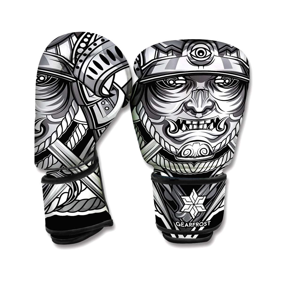 Silver Samurai Mask Print Boxing Gloves