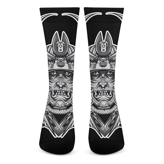 Silver Samurai Mask Print Crew Socks