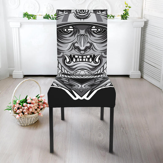 Silver Samurai Mask Print Dining Chair Slipcover
