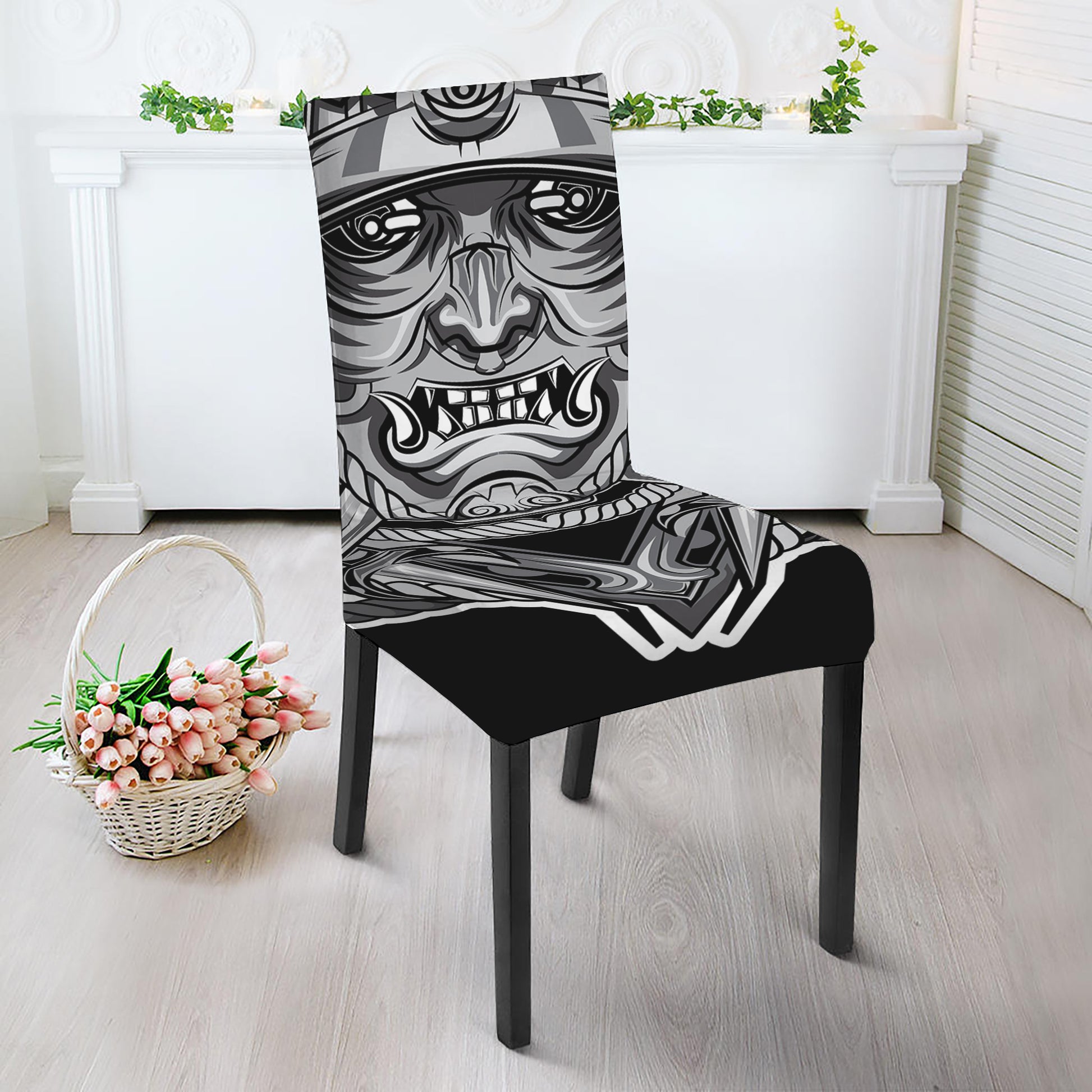 Silver Samurai Mask Print Dining Chair Slipcover