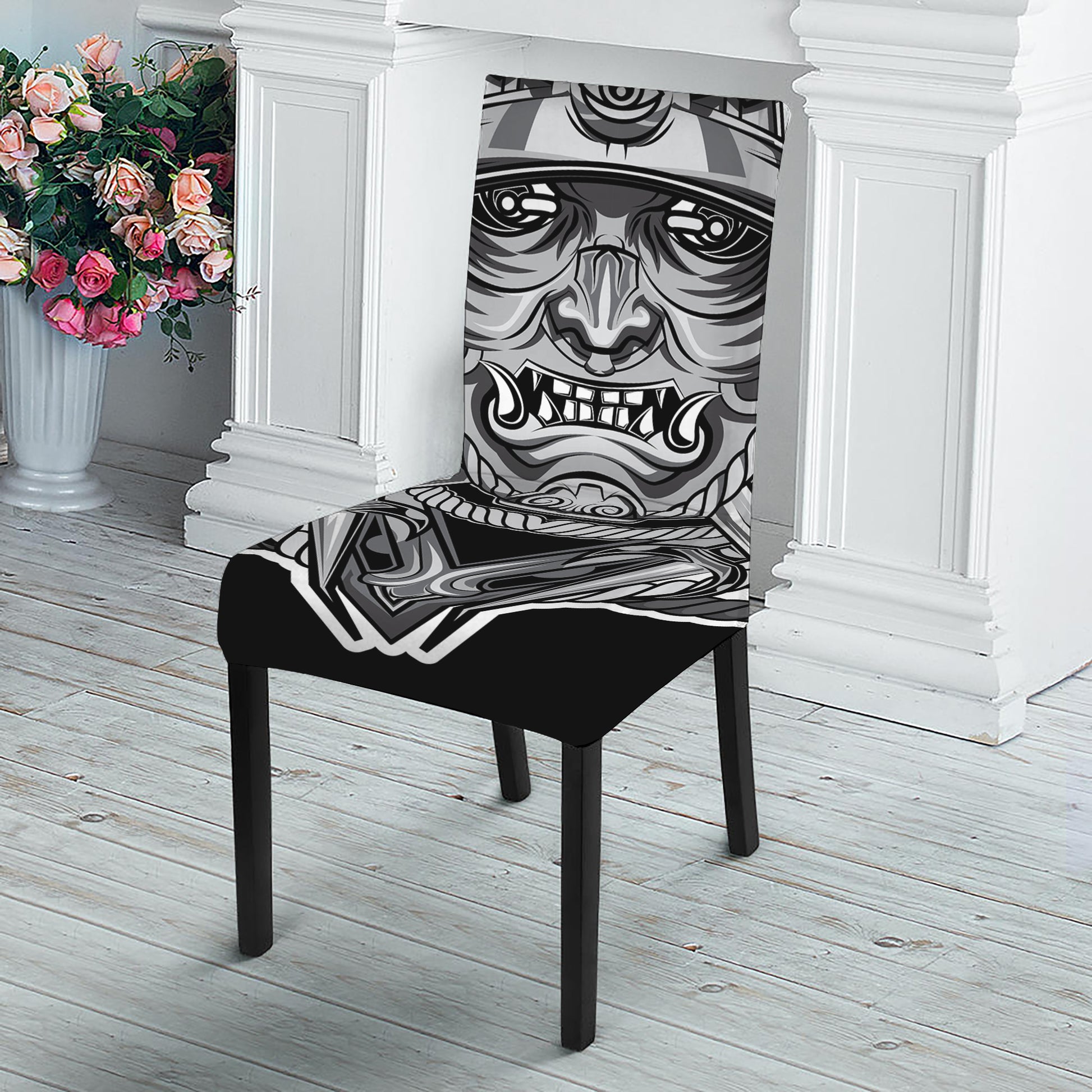 Silver Samurai Mask Print Dining Chair Slipcover