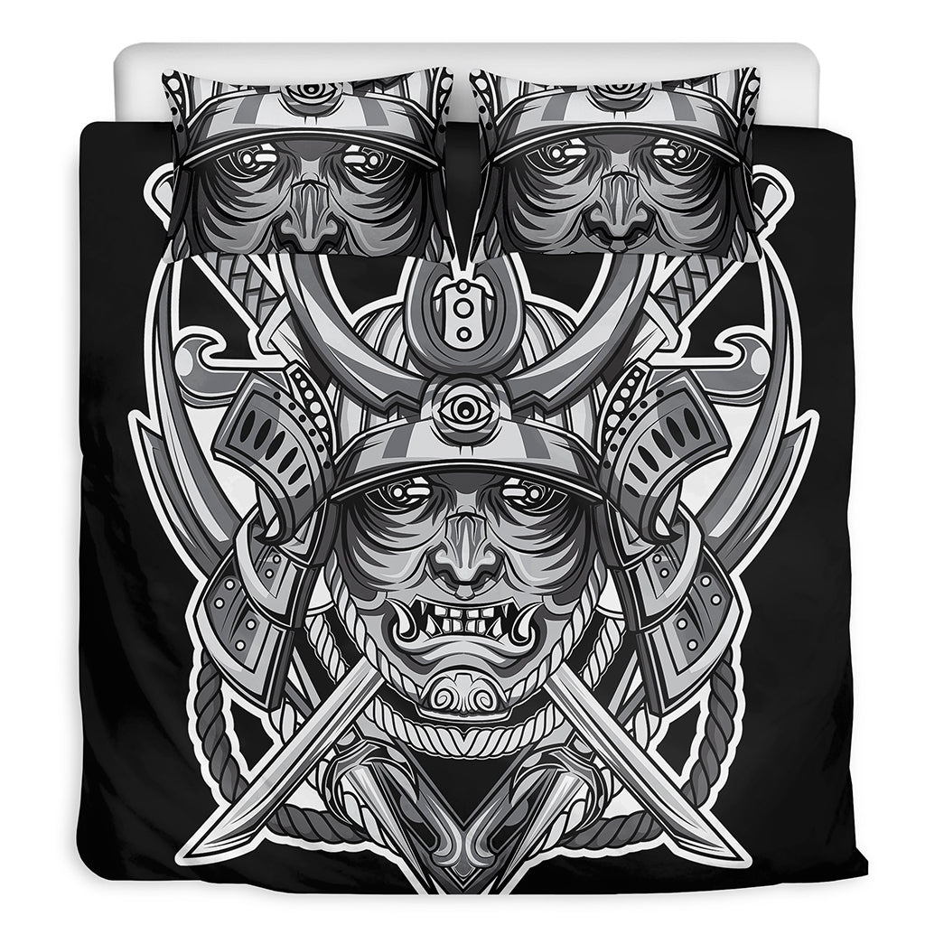 Silver Samurai Mask Print Duvet Cover Bedding Set