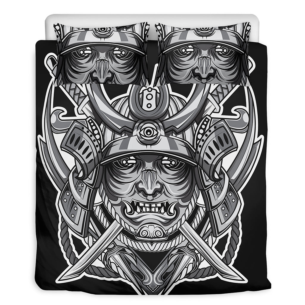 Silver Samurai Mask Print Duvet Cover Bedding Set