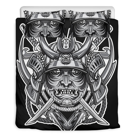 Silver Samurai Mask Print Duvet Cover Bedding Set