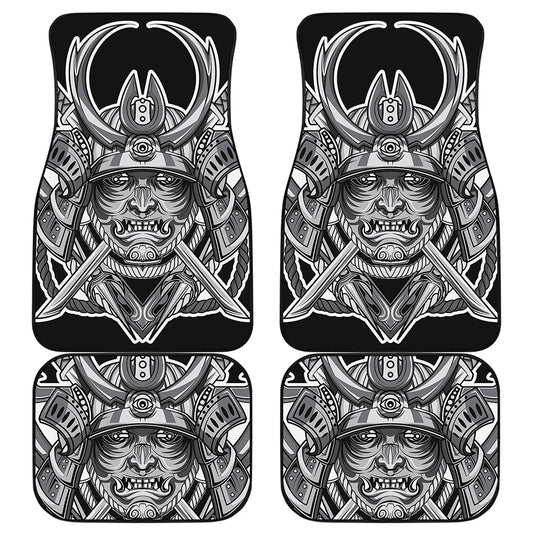 Silver Samurai Mask Print Front and Back Car Floor Mats