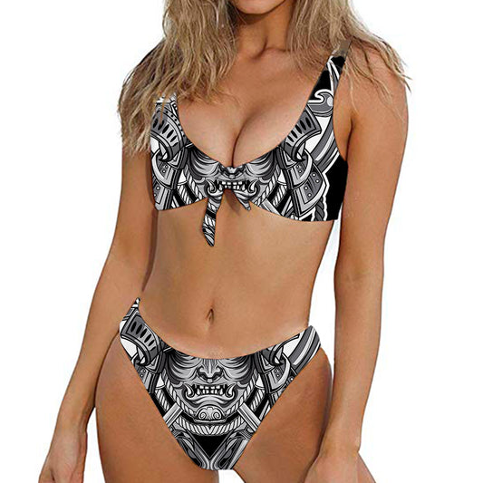 Silver Samurai Mask Print Front Bow Tie Bikini