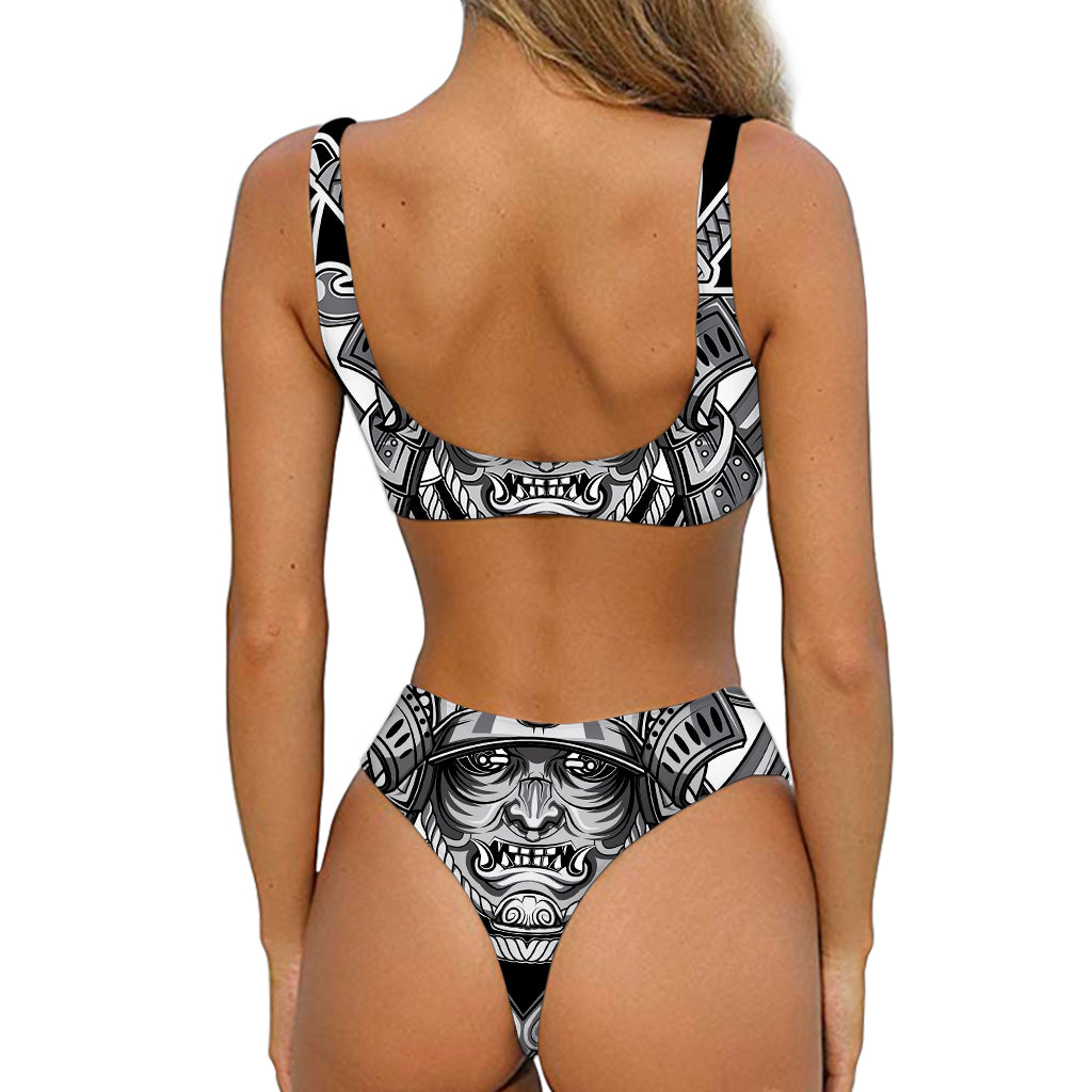 Silver Samurai Mask Print Front Bow Tie Bikini