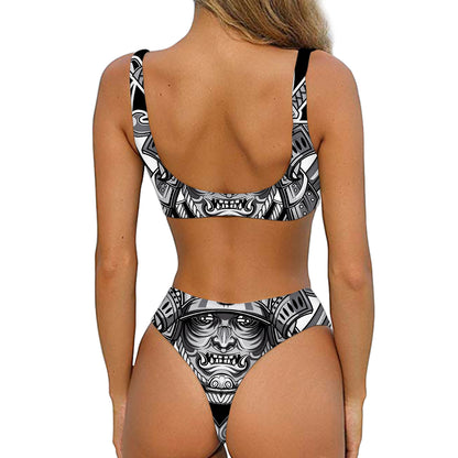 Silver Samurai Mask Print Front Bow Tie Bikini