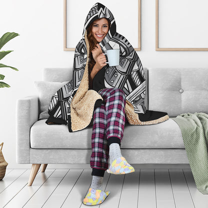 Silver Samurai Mask Print Hooded Blanket