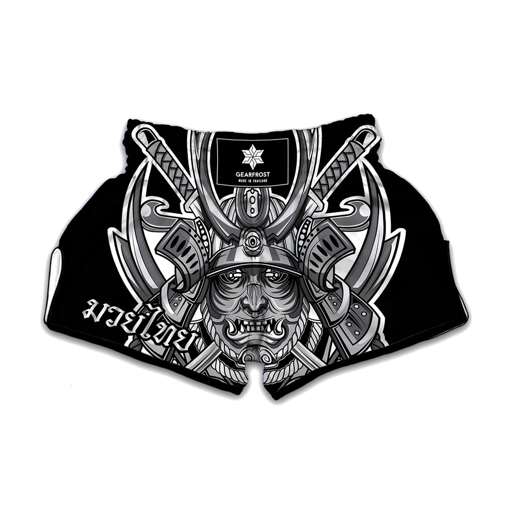 Silver Samurai Mask Print Muay Thai Boxing Shorts