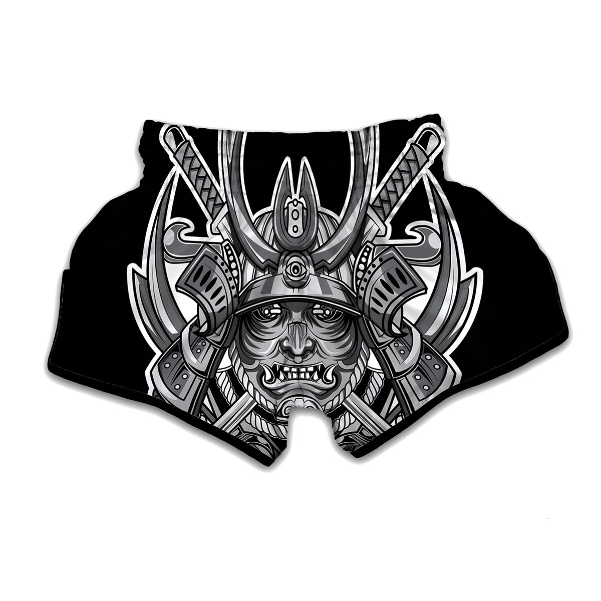 Silver Samurai Mask Print Muay Thai Boxing Shorts