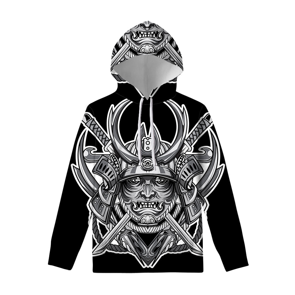 Silver Samurai Mask Print Pullover Hoodie