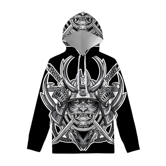 Silver Samurai Mask Print Pullover Hoodie