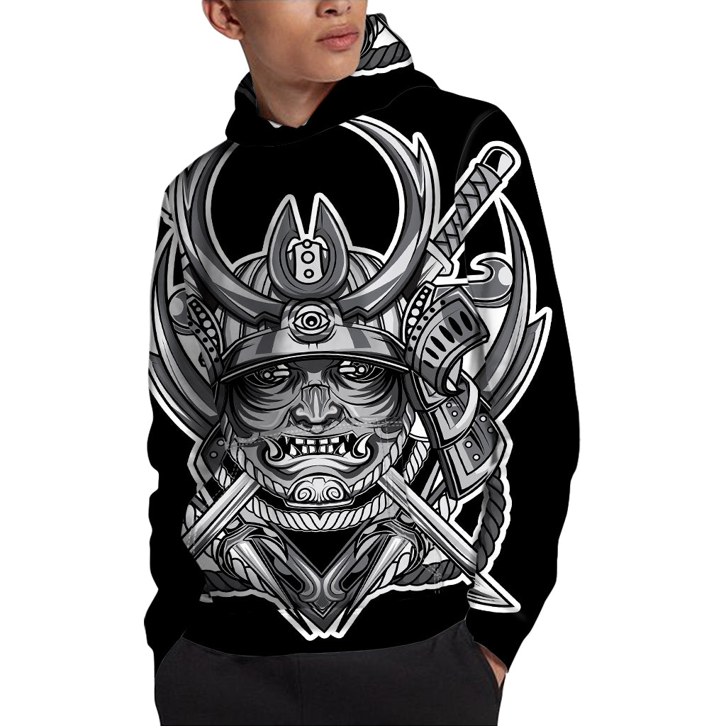 Silver Samurai Mask Print Pullover Hoodie