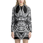 Silver Samurai Mask Print Pullover Hoodie Dress