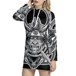 Silver Samurai Mask Print Pullover Hoodie Dress