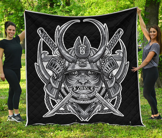 Silver Samurai Mask Print Quilt