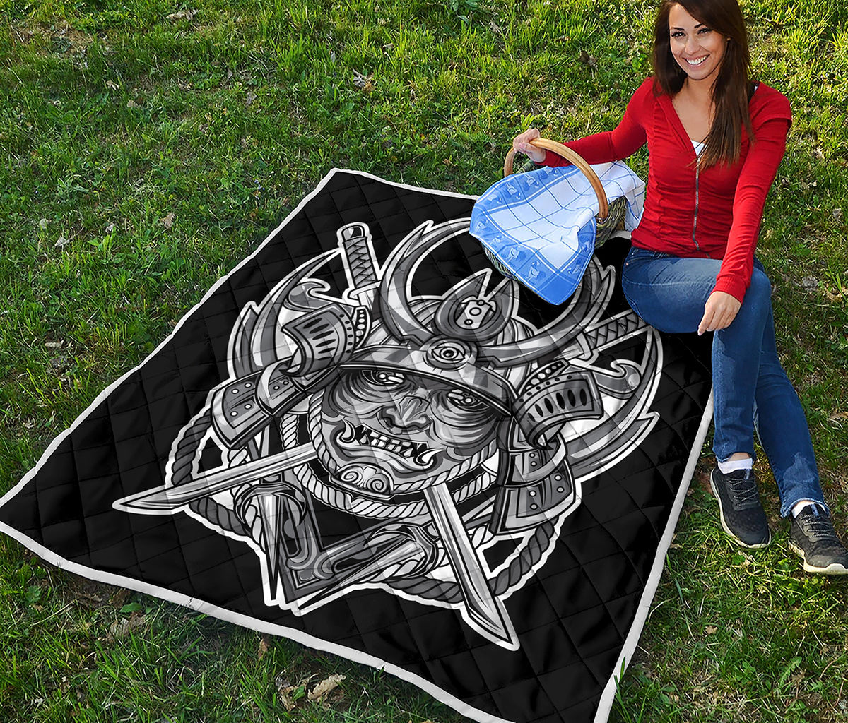 Silver Samurai Mask Print Quilt