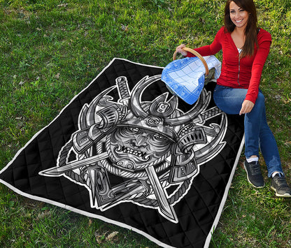 Silver Samurai Mask Print Quilt