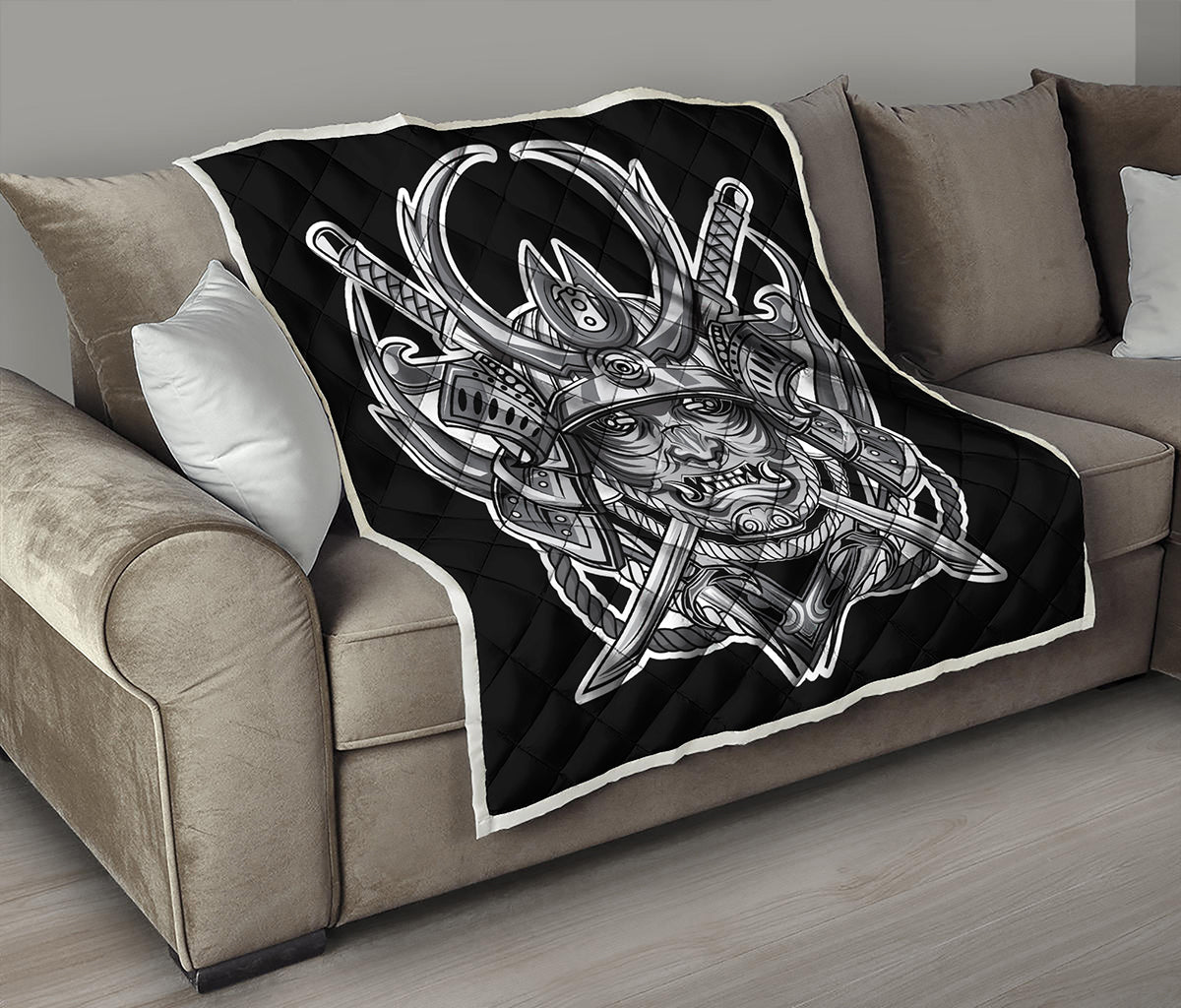 Silver Samurai Mask Print Quilt