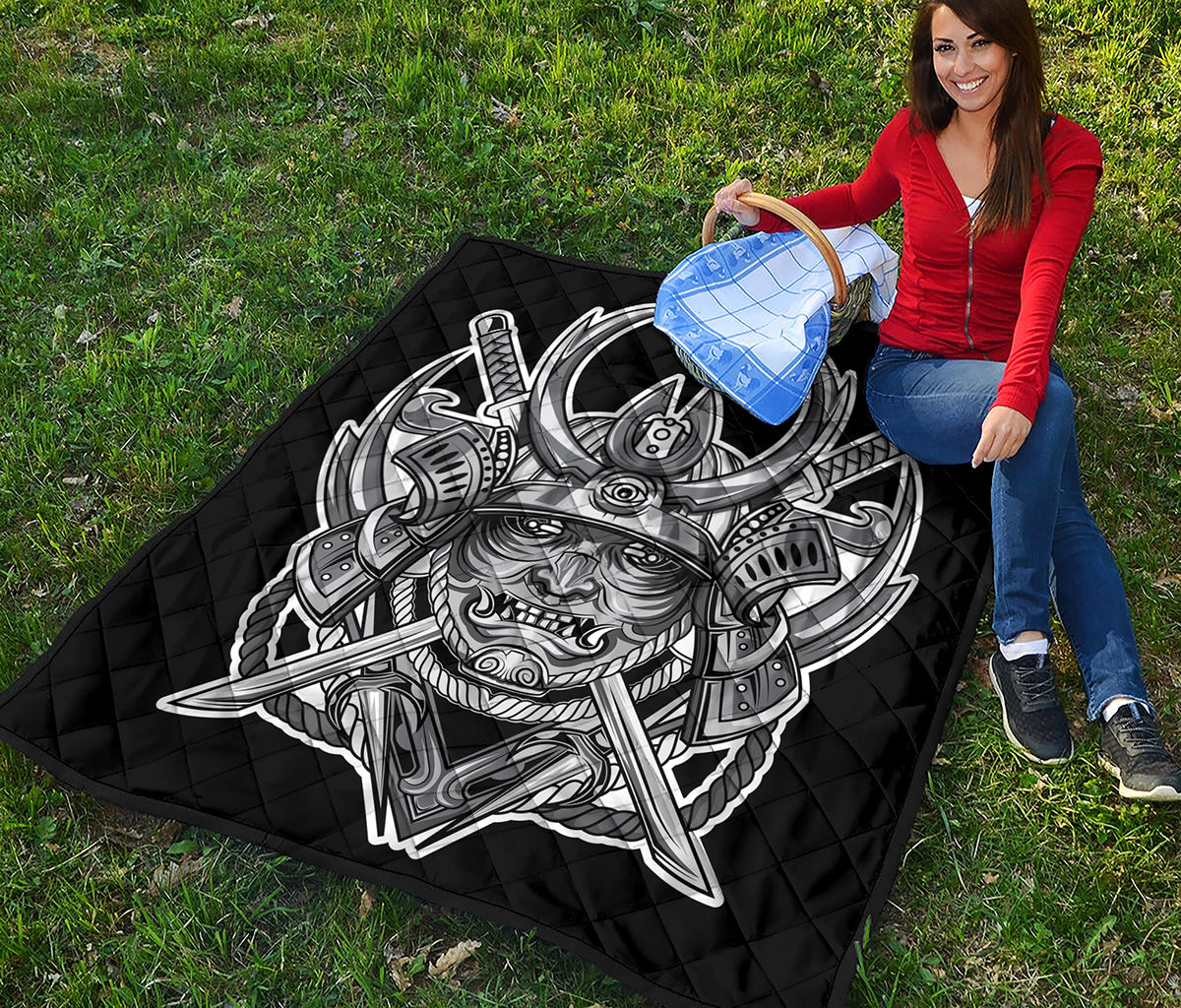 Silver Samurai Mask Print Quilt