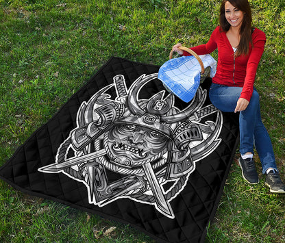 Silver Samurai Mask Print Quilt