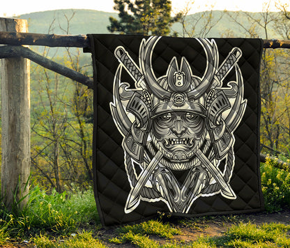 Silver Samurai Mask Print Quilt