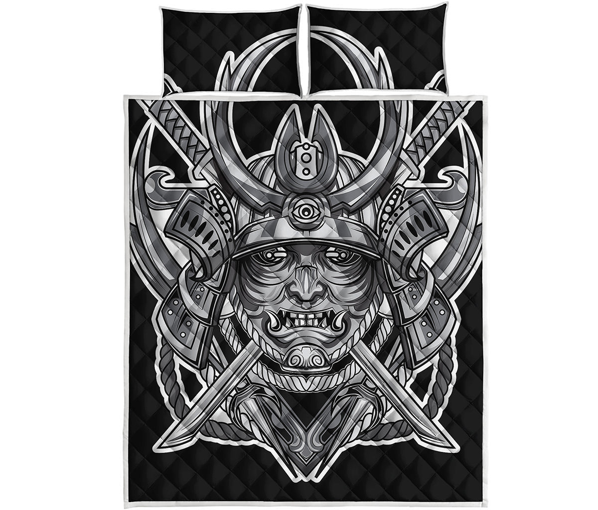 Silver Samurai Mask Print Quilt Bed Set