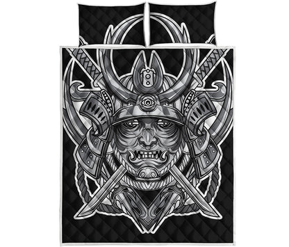 Silver Samurai Mask Print Quilt Bed Set