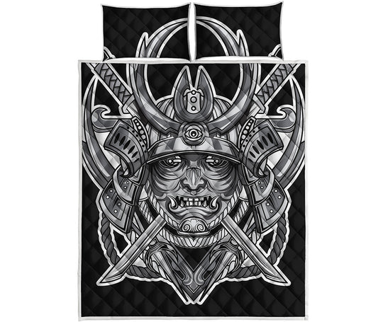 Silver Samurai Mask Print Quilt Bed Set