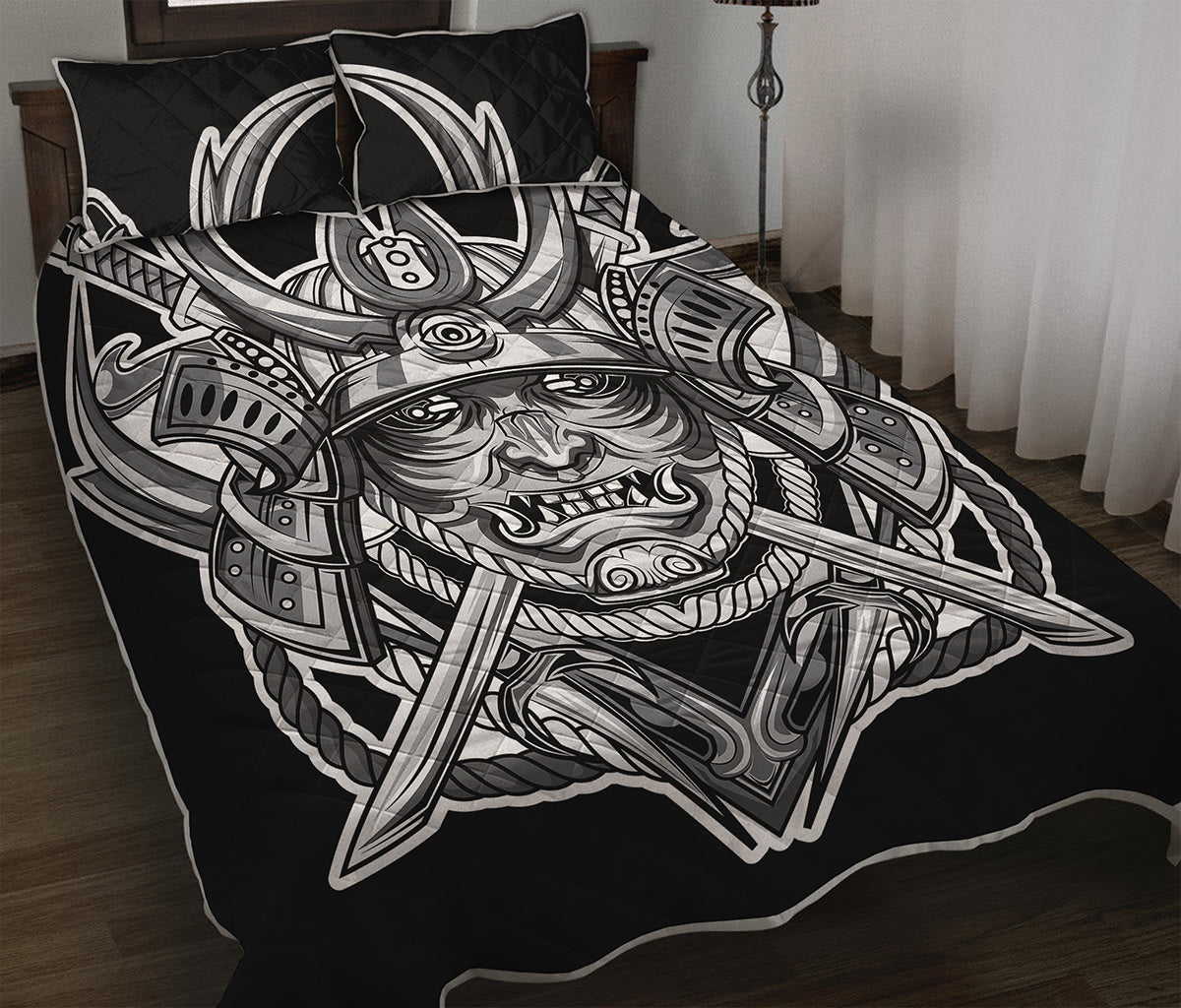 Silver Samurai Mask Print Quilt Bed Set