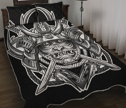 Silver Samurai Mask Print Quilt Bed Set
