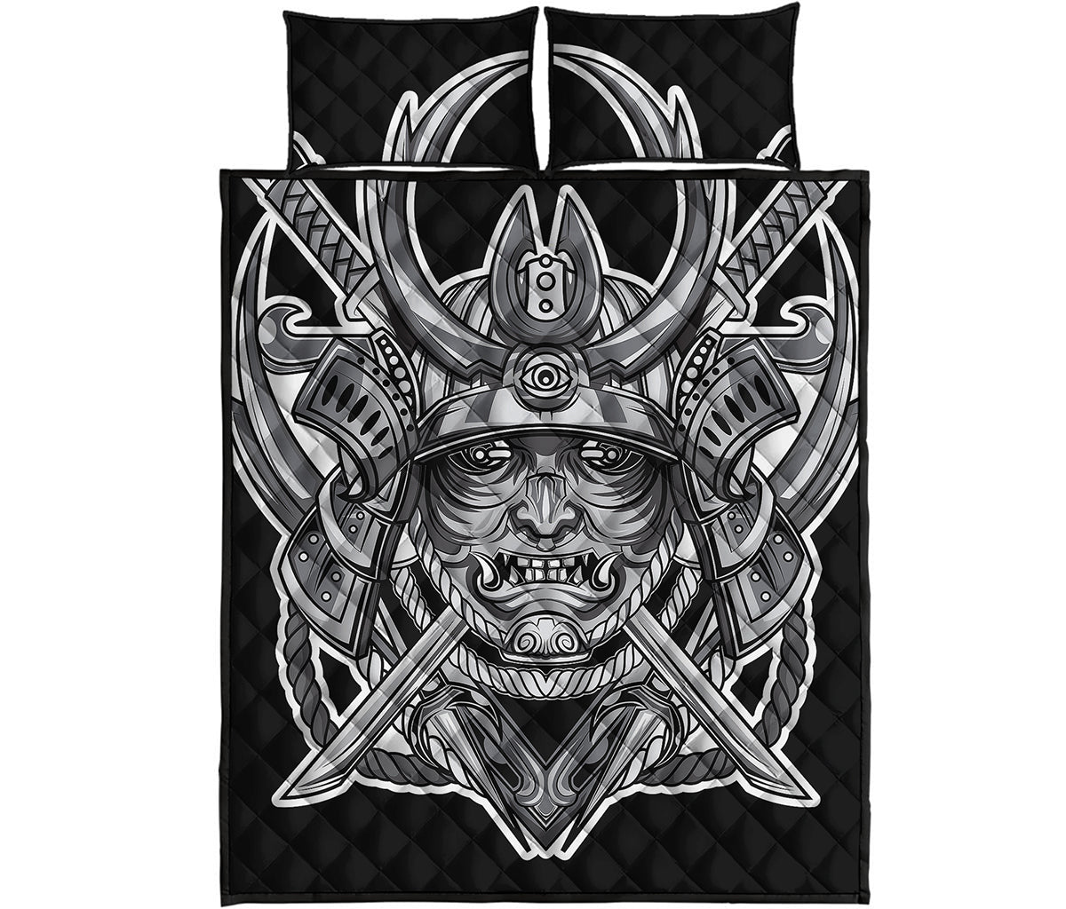 Silver Samurai Mask Print Quilt Bed Set