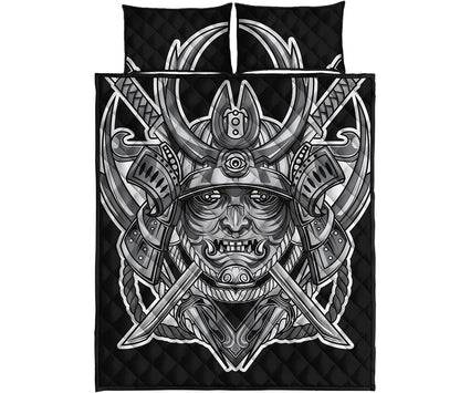 Silver Samurai Mask Print Quilt Bed Set