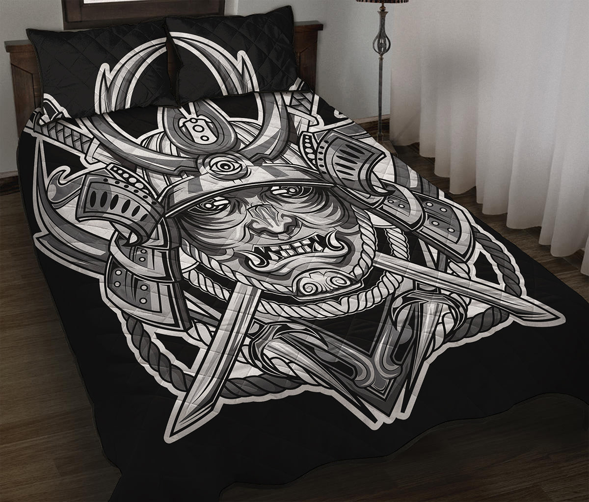 Silver Samurai Mask Print Quilt Bed Set