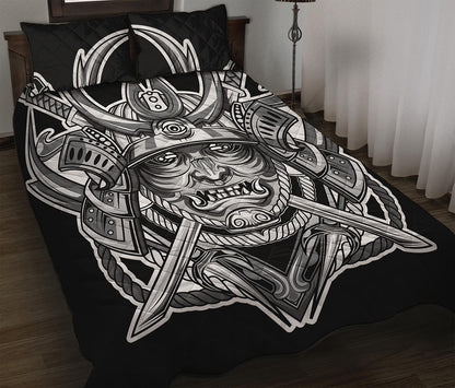 Silver Samurai Mask Print Quilt Bed Set