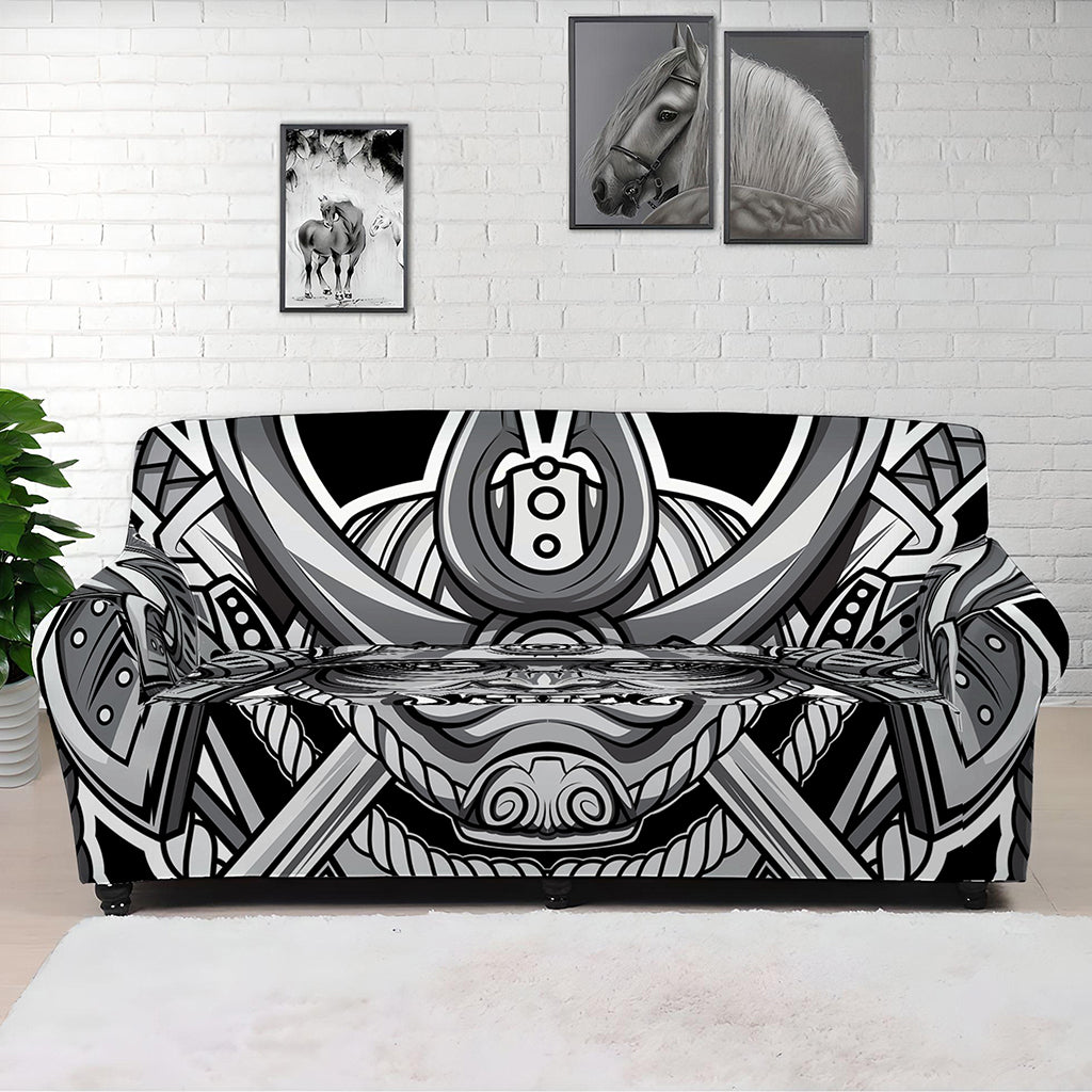 Silver Samurai Mask Print Sofa Cover