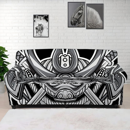 Silver Samurai Mask Print Sofa Cover